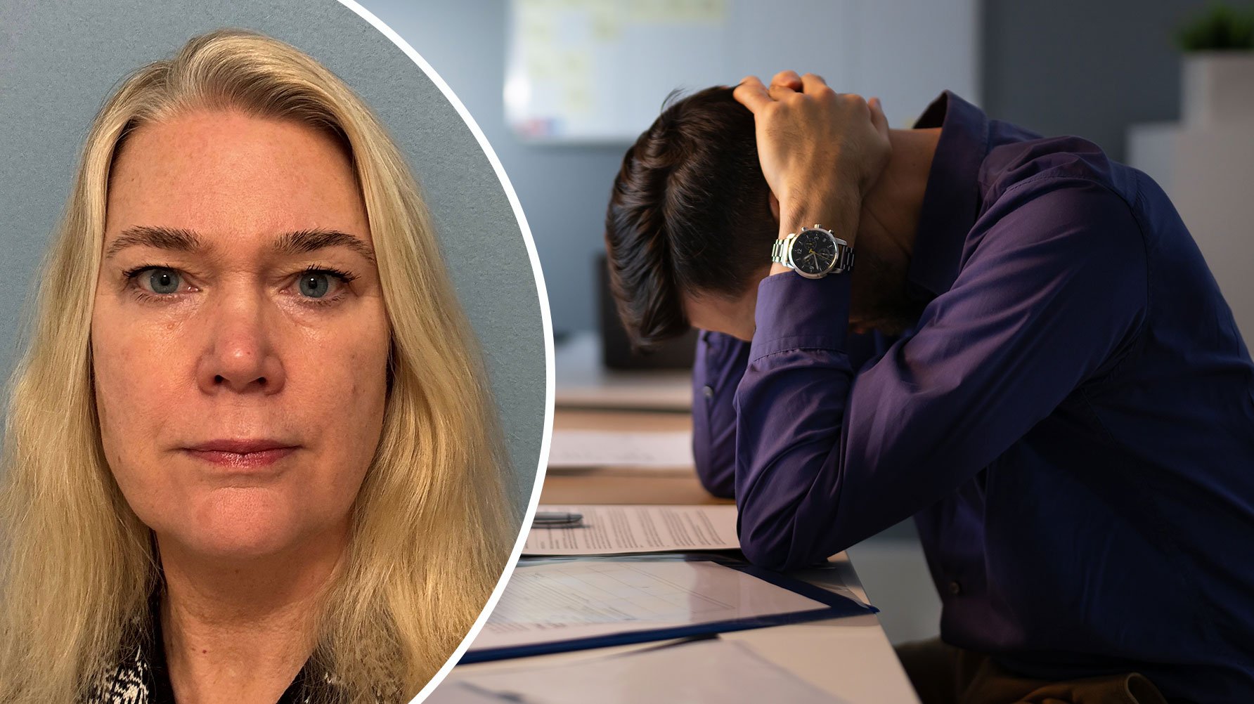 En genrebild av en man som sitter dubbelvikt över sitt skrivbord och infällt till vänster, ett runt porträtt av Annika Carlson