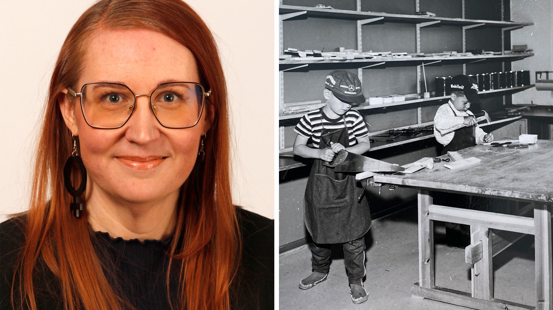  Forskaren och läraren i förskolan Linnéa Waldekranz har skrivit en avhandling om barnträdgårdar i mitten av 1900-talet. Bilden till höger visar två pojkar i snickeriverkstaden, 1950-tal.