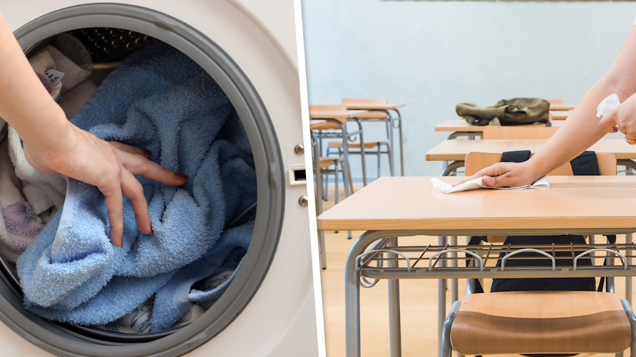 Tvättmaskin med handduk i och klassrum som städas