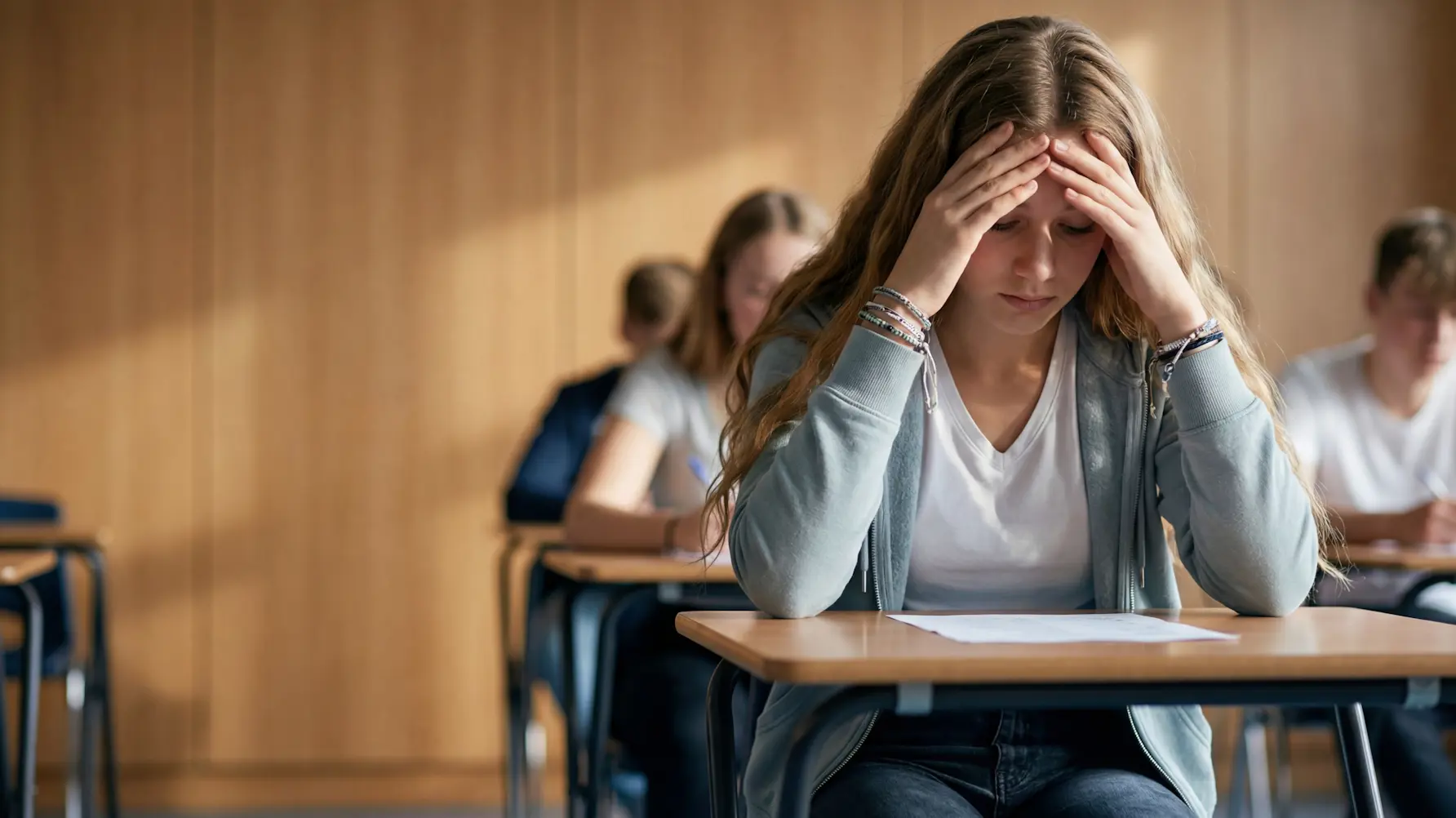 Elev sitter vid en skolbänk med händerna mot pannan.