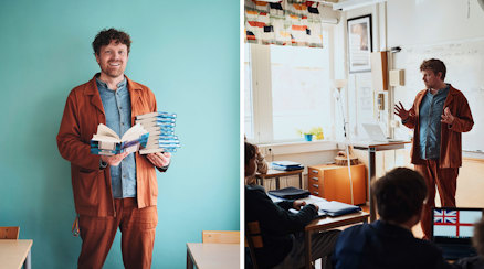 Bild på svenskläraren Martin Flodkvist Hjort när han undervisar sina elever.