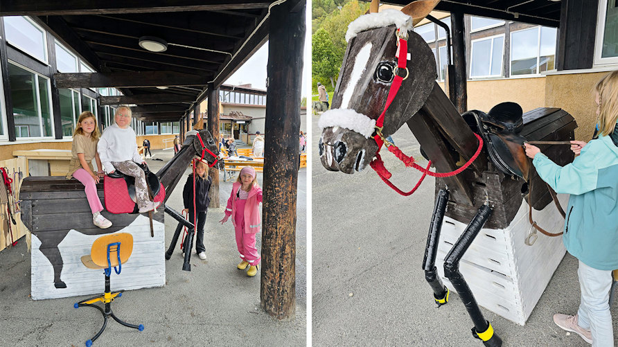 Elever på Funäsdalens skola sitter på plinten som på skolgården byggts om till en häst.