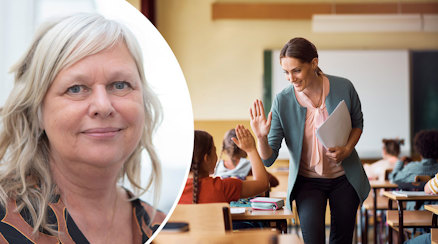 En närbild av Anita Norlund och en genrebild av en lärare i ett klassrum som gör ”high five” med en elev som sitter i sin bänk
