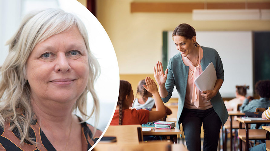 En närbild av Anita Norlund och en genrebild av en lärare i ett klassrum som gör ”high five” med en elev som sitter i sin bänk