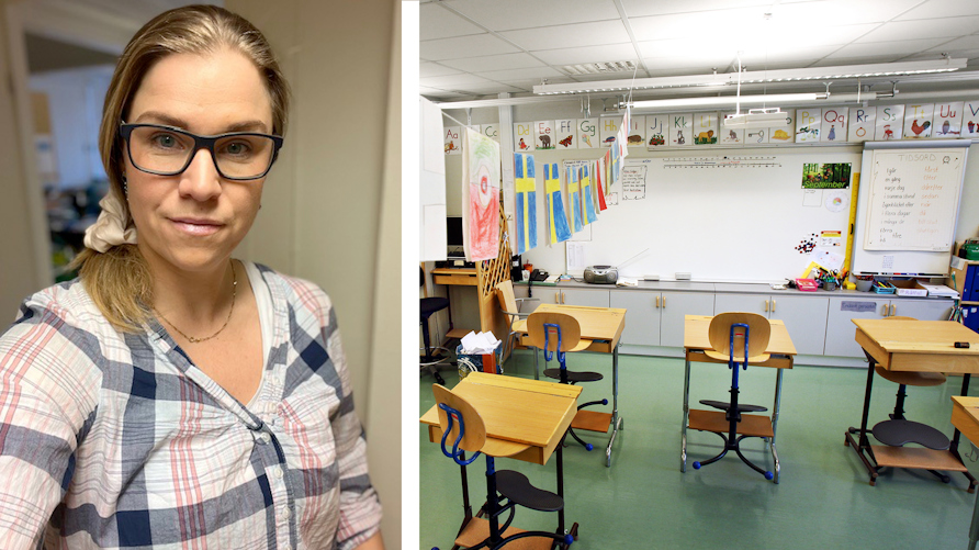 Anna-Sara Carlsson och en bild på elever och lärare i klassrum