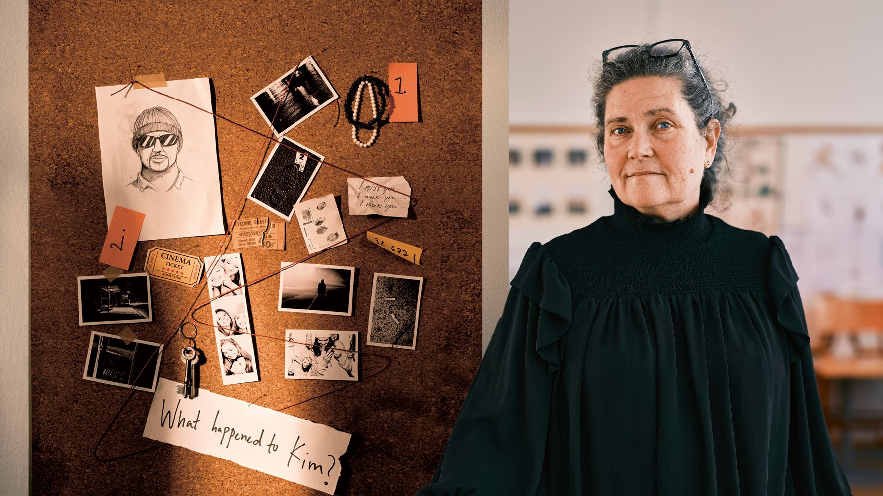 Anna Löfquist bredvid anslagstavlan med föremål