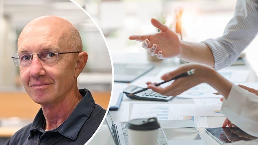 Ett porträtt av Håkan Sjöberg och en genrebild av ett möte, det ligger papper på bordet och man ser två deltagares händer i närbild, man ser att de är involverade i en diskussion