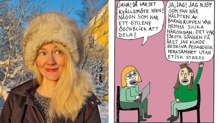 Förskolläraren Julia Sjöstedt tecknar satir av problemen i förskolan med en av hennes seriebilder.
