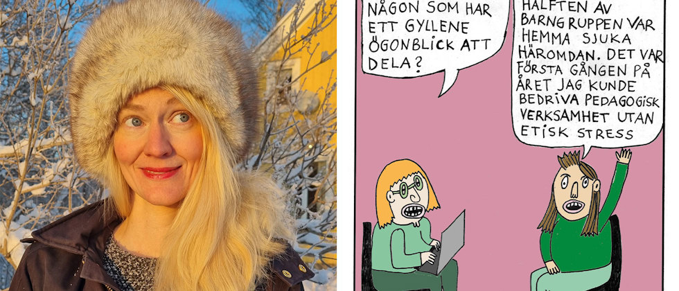 Förskolläraren Julia Sjöstedt tecknar satir av problemen i förskolan med en av hennes seriebilder.