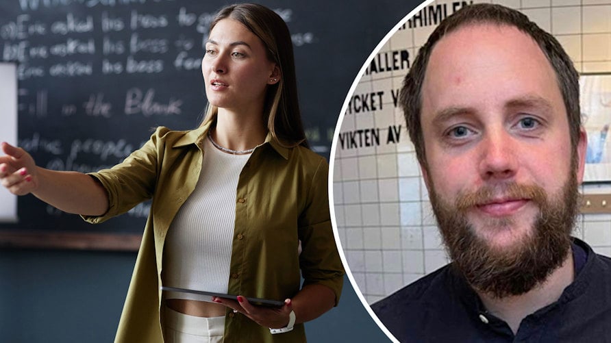 En genrebild av en lärare som undervisar och ett porträtt av Karl Wikström