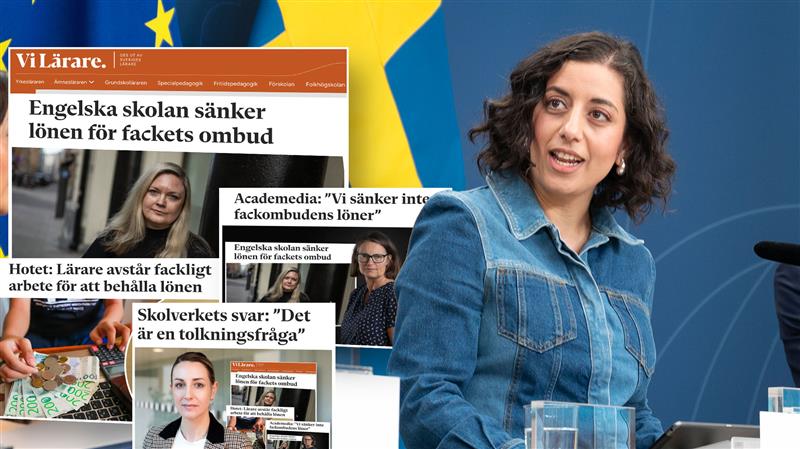 En bild av Simona Mohamsson vid en presskonferens, och skärmdumpar av Vi Lärares tidigare artiklar om Lärarlönelyftet 