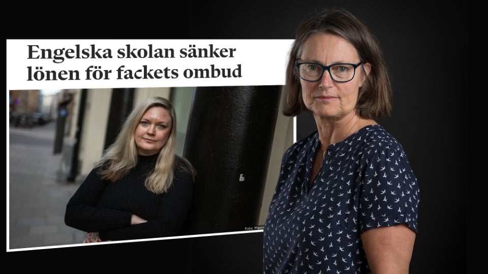 En skärmdump av artikel med rubriken ”Engelska skolan sänker lönen för fackens ombud” och ett porträtt på Jessica Skullered Svensson
