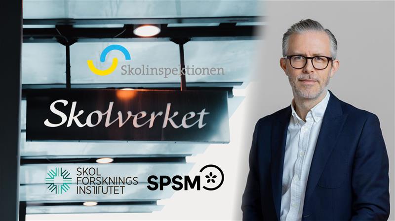 En bild av skolmyndigheternas loggor, och ett porträtt av Gabriel Brandström