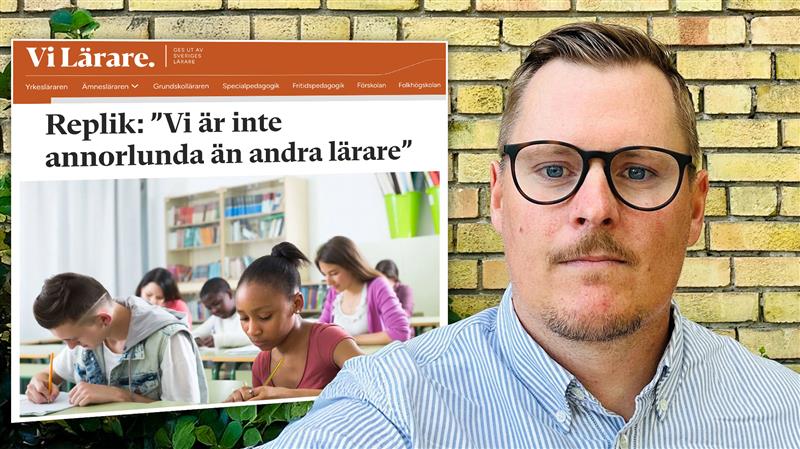 Ett porträtt av Fredrik Törnqvist och en skärmdump från debattartikeln med femton lärare i friskola