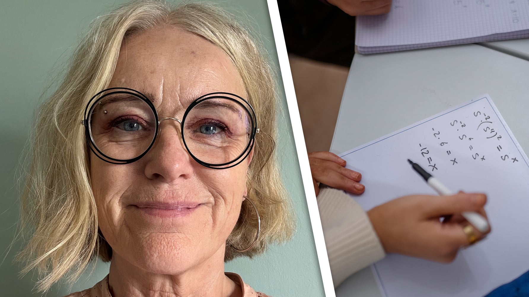 Till vänster ett porträtt av Susanne Christenson, till höger en bild från en mattelektion på en gymnasieskola.