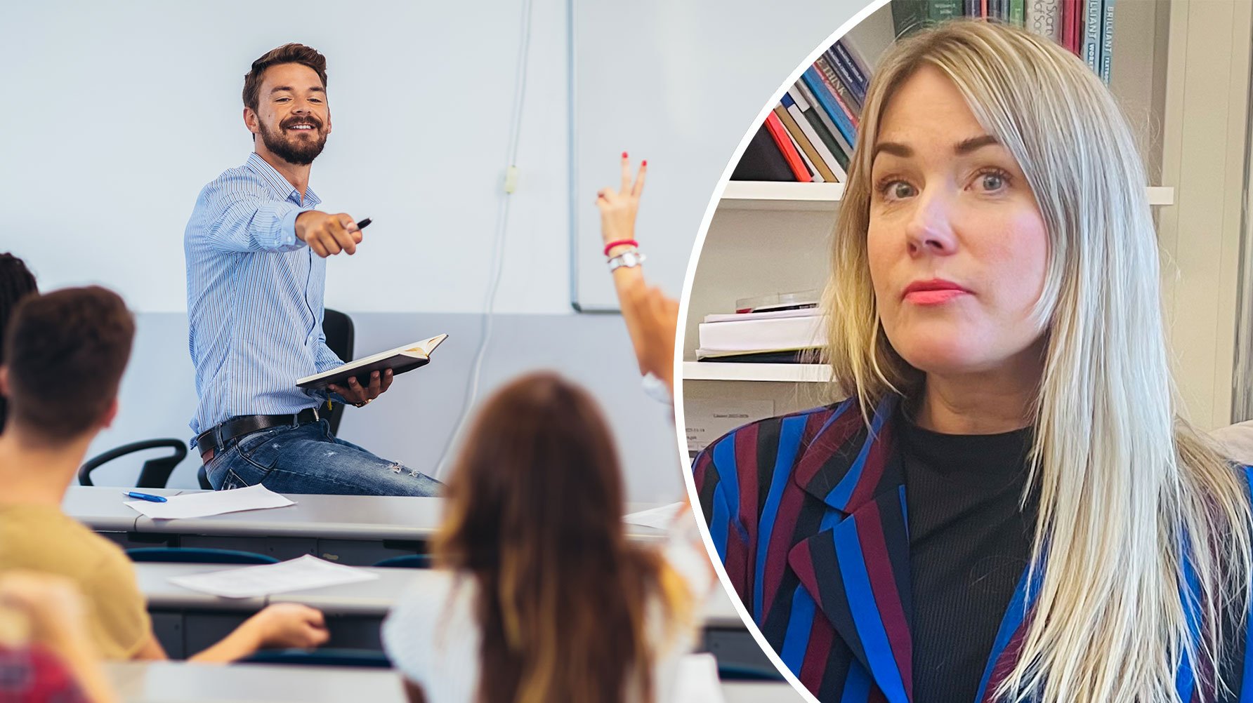 En genrebild av en lärare som sitter på en bänk och pekar på en elev som räcker upp handen, till höger ett runt infällt porträtt av Ulrica Björkblom Agah