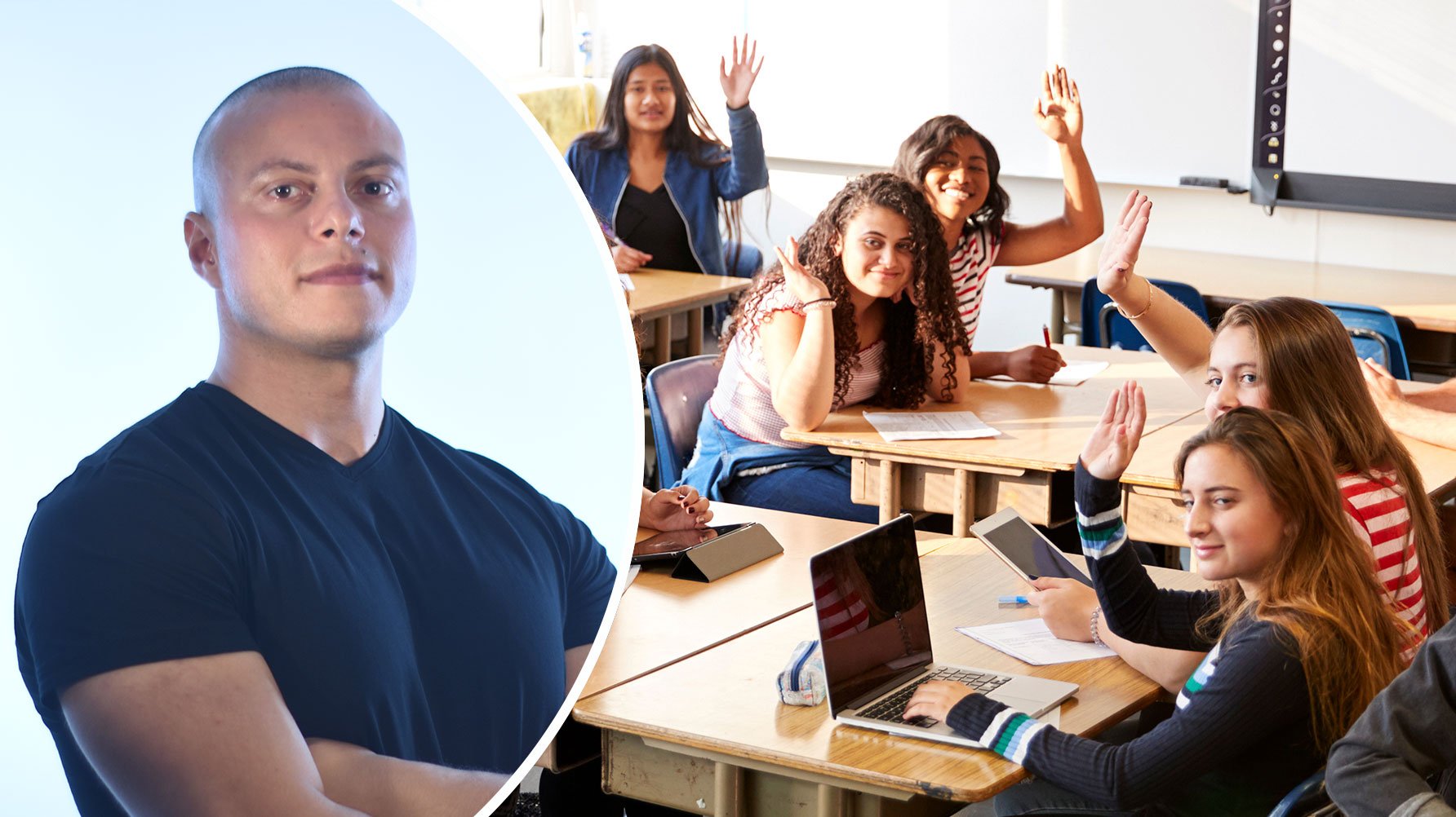 Ett porträtt av Ahmad Abdul Hafiz och en genrebild av en lektion, eleverna räcker upp handen.