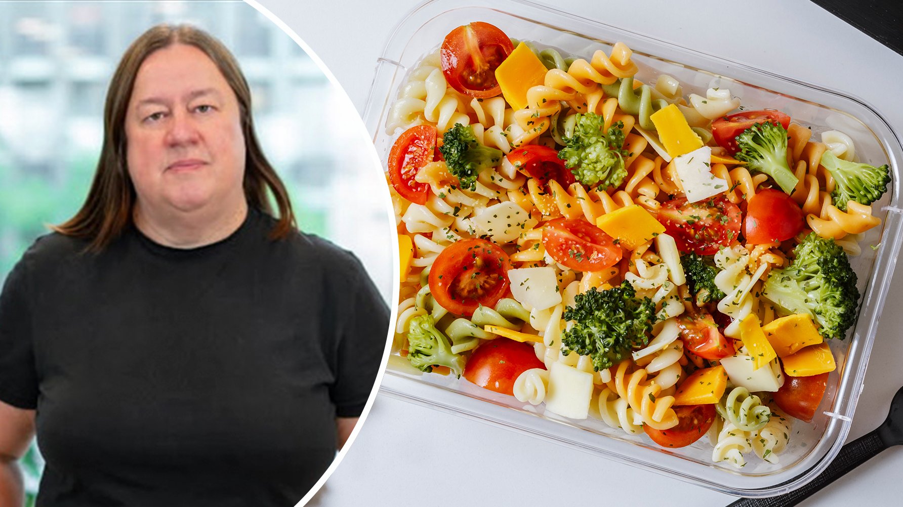Ett porträtt av Hanna Almcrantz i rund ram till vänster, en genrebild av en matlåda med pastasallad till höger
