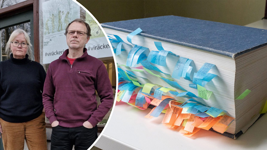 Sveriges Lärares ordförande Andrea Meiling, huvudskyddsombudet Terje Adkins och en bild av Svea rikes lag med små färgglada postit-lappar i