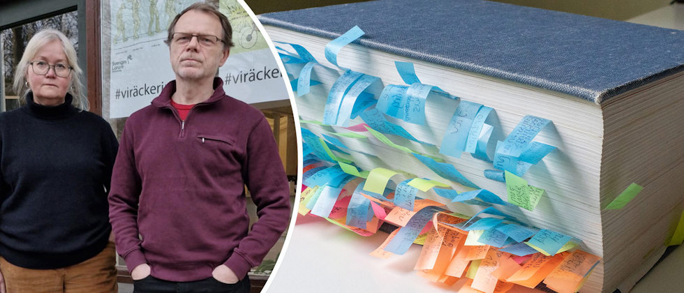 Sveriges Lärares ordförande Andrea Meiling, huvudskyddsombudet Terje Adkins och en bild av Svea rikes lag med små färgglada postit-lappar i
