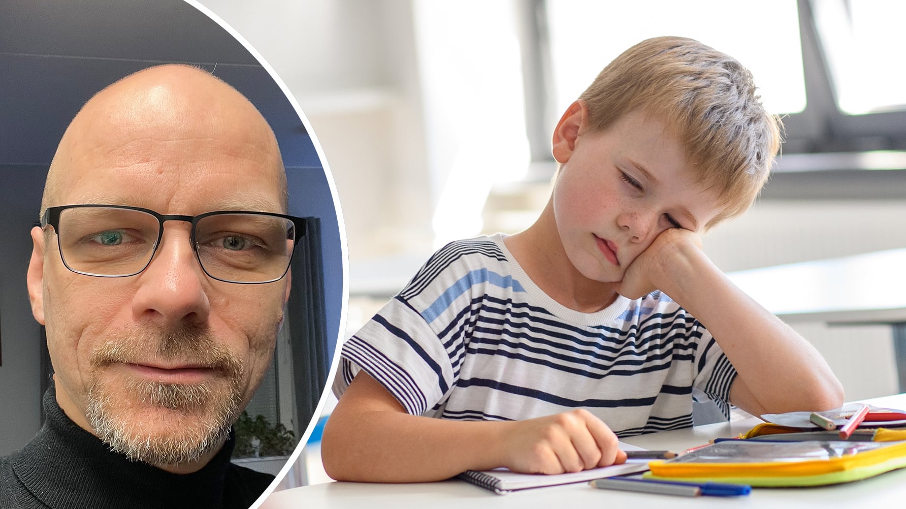 Ett porträtt av Andreas Carlsson i rundad ram till vänster, till höger en genrebild av en sovande pojke i klassrummet.