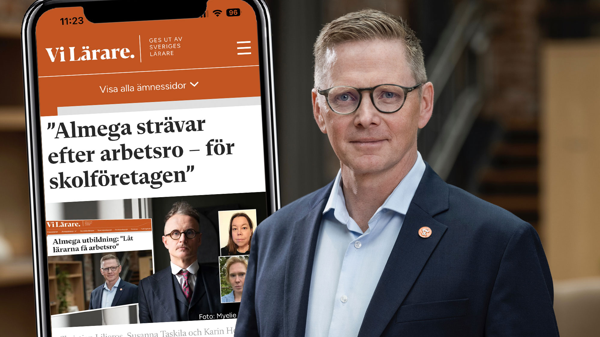 Ett porträtt av Andreas Mörck och bilder på de tidigare debattartiklarna om Almega utbildnings syn på regeringens reformer för skolan