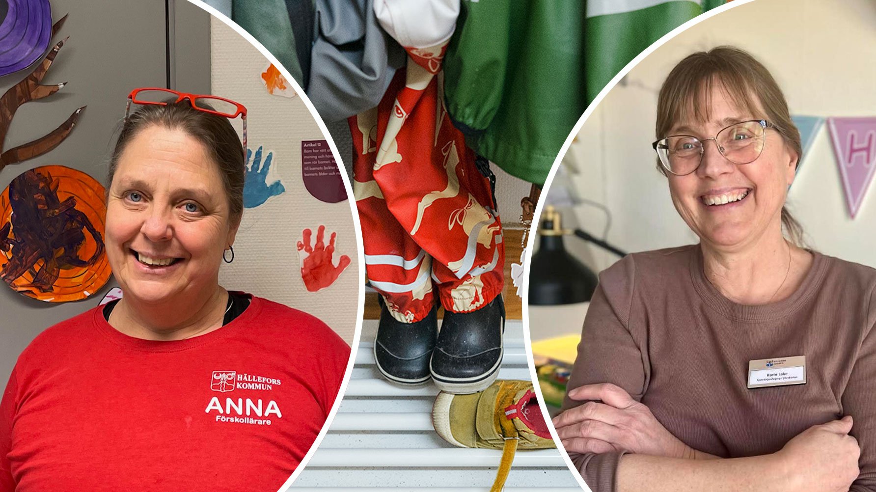 Ett porträtt av Anna Thorn-Bratt och Karin Lake, i bakgrunden en bild av ett kapprum i förskola.
