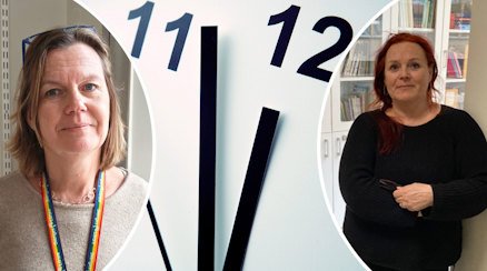 Ett porträtt av Anna Nord och Carina Lindmark Jonson och en tickande klocka