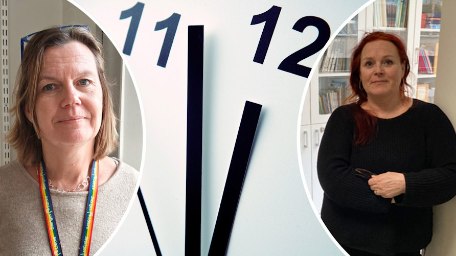 Ett porträtt av Anna Nord och Carina Lindmark Jonson och en tickande klocka