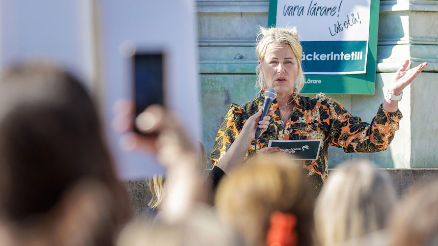 Sveriges Lärares ordförande Anna Olskog var en av talarna under demonstrationen i Göteborg.