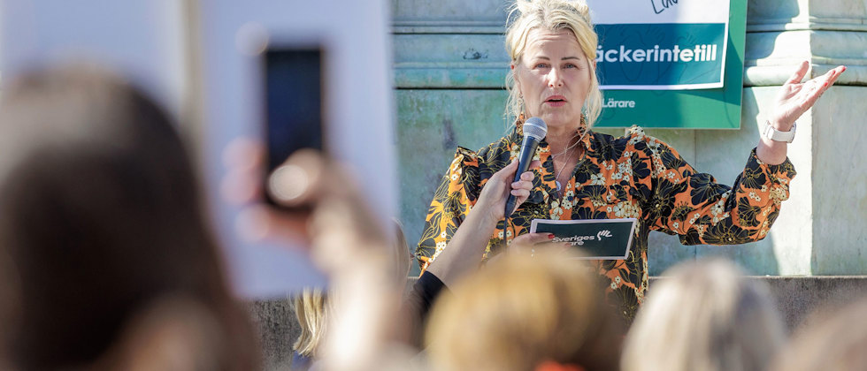 Sveriges Lärares ordförande Anna Olskog var en av talarna under demonstrationen i Göteborg.