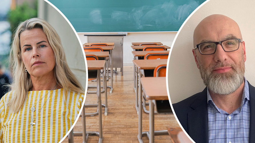 Anna Olskog och Nihad Bunar mot en bakgrund av ett tomt klassrum