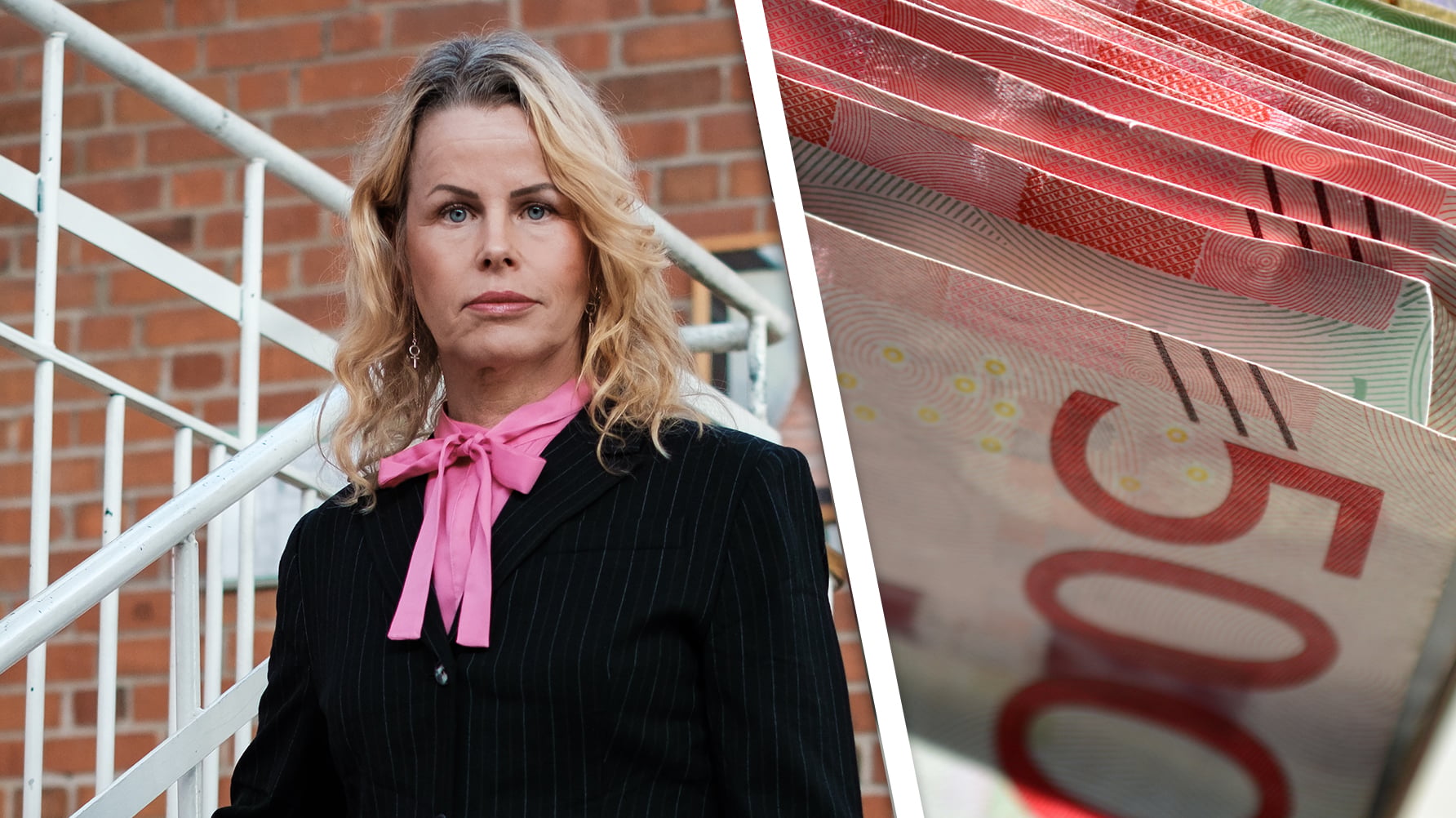 Ett porträtt av Anna Olskog till vänster, i mitten ett snedställt vitt streck, till höger en genrebild av en bunt svenska sedlar.