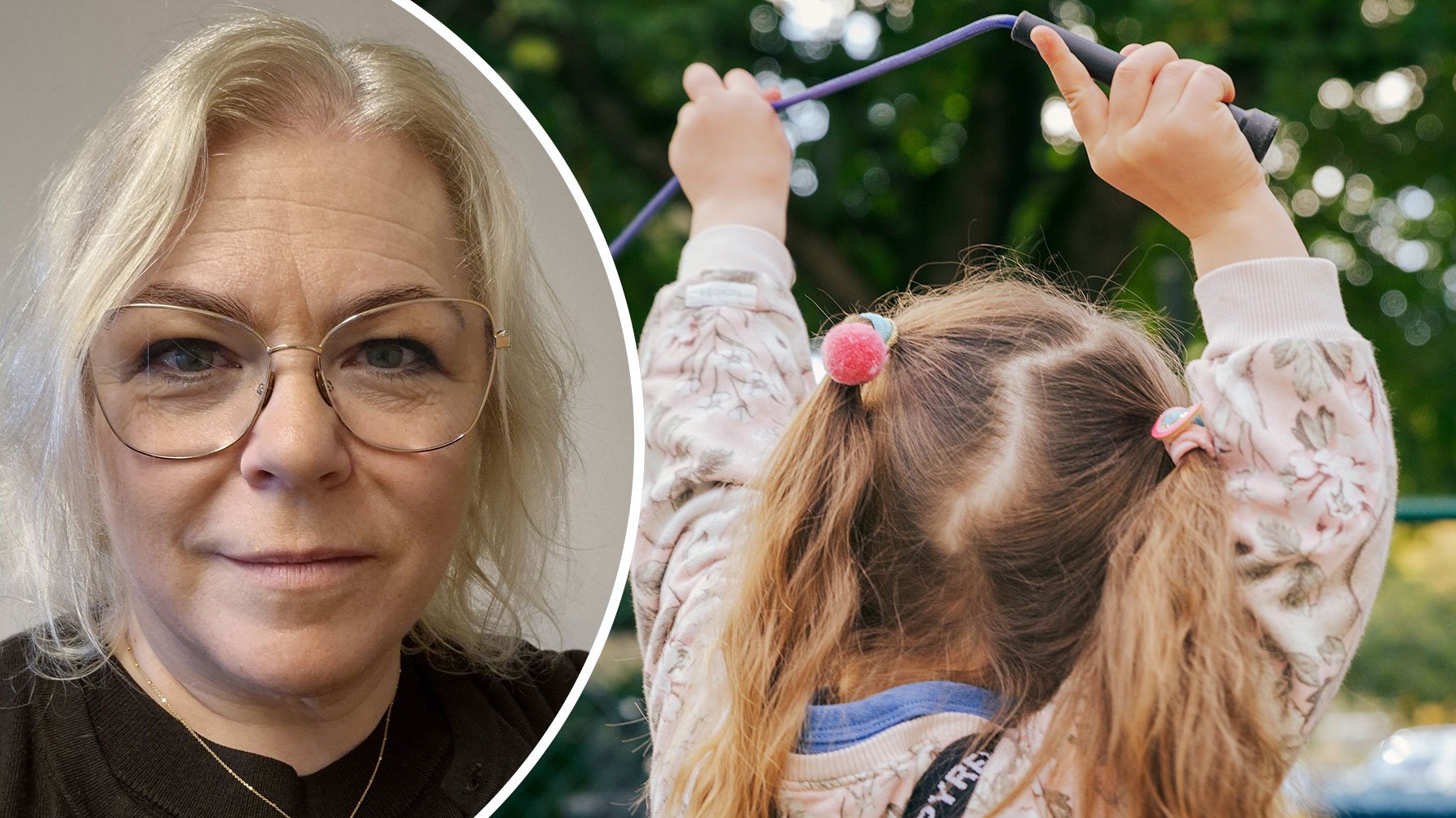 Ett runt porträtt av Anna Söderlund till vänster, en genrebild av ett barn med håret i tofsar fotograferat bakifrån, händerna uppsträckta i luften