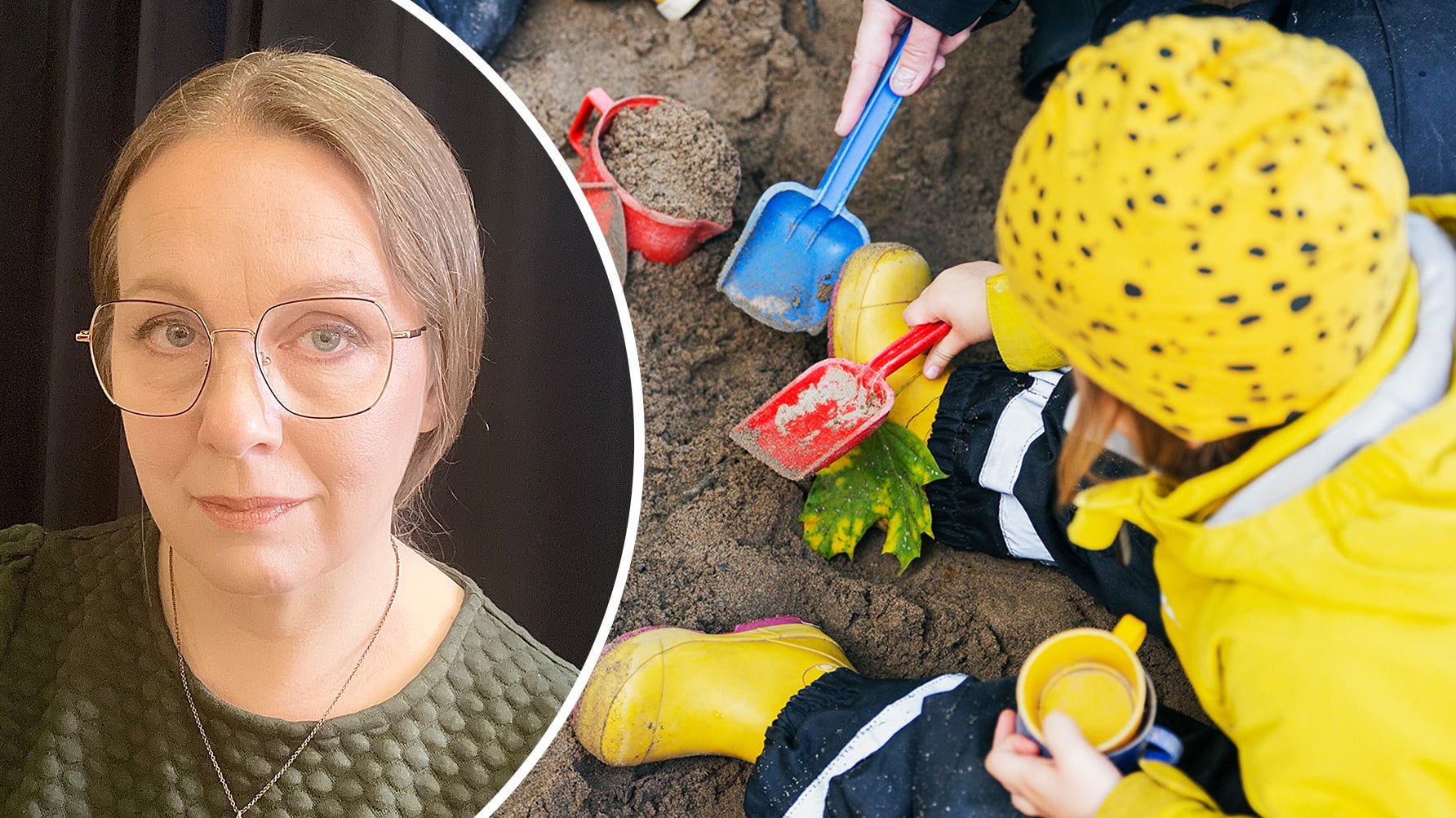 En bild av ett gulklätt anonymt barn i en sandlåda, och till vänster ett runt infällt porträtt av Annamaria Olsson-Lindau