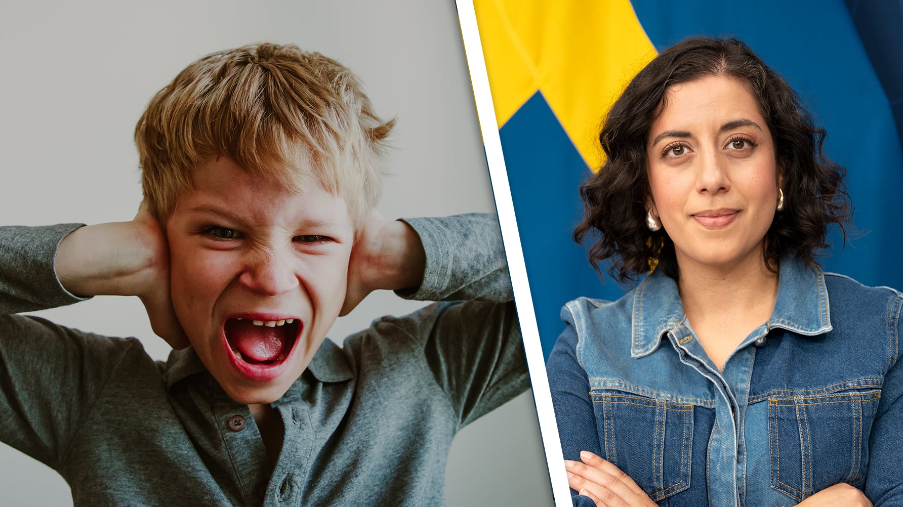 En genrebild på ett barn i lågstadieåldern, som skriker och håller för öronen och ett porträtt av Simona Mohamsson framför en svensk flagga