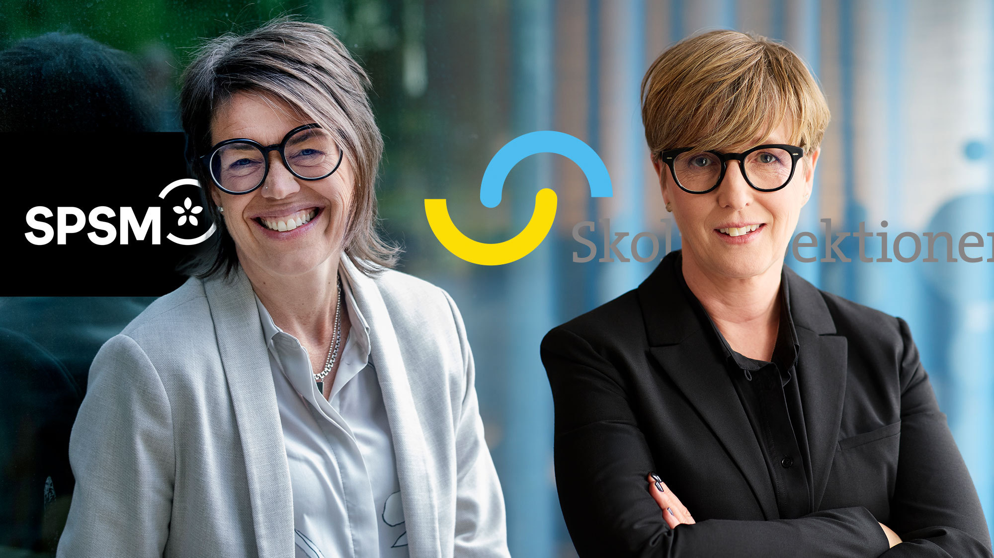 Ett fotomontage av Aurora Lindberg framf&#xF6;r SPSM:s logga och Marie Axelsson framf&#xF6;r Skolinspektionens logga