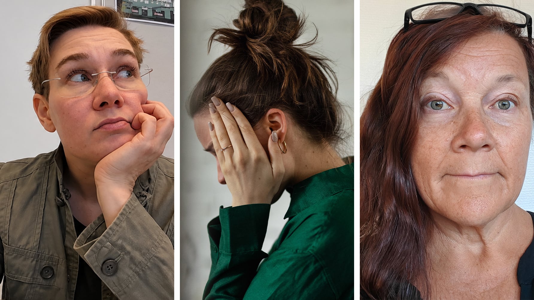 Till vänster en bild av Caroline Axelsson, i mitten en genrebild av en okänd kvinna som döljer ansiktet i händerna, till höger en bild av Marie Johansson