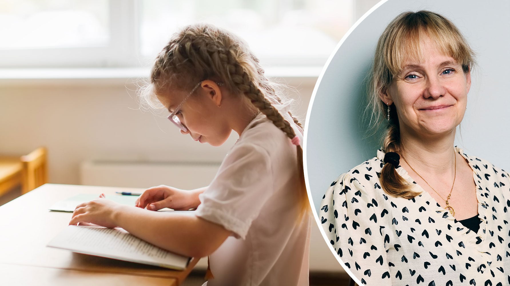 En genrebild av ett barn i flätor i klassrummet, koncentrerad över en bok. Till höger ett porträtt av Karin Herlitz
