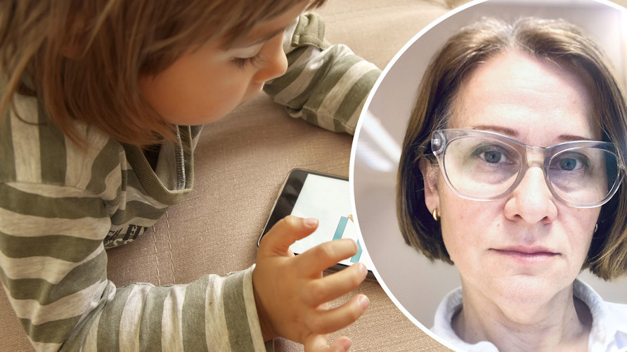 Ett barn med en mobiltelefon och Marijah Zdjelar