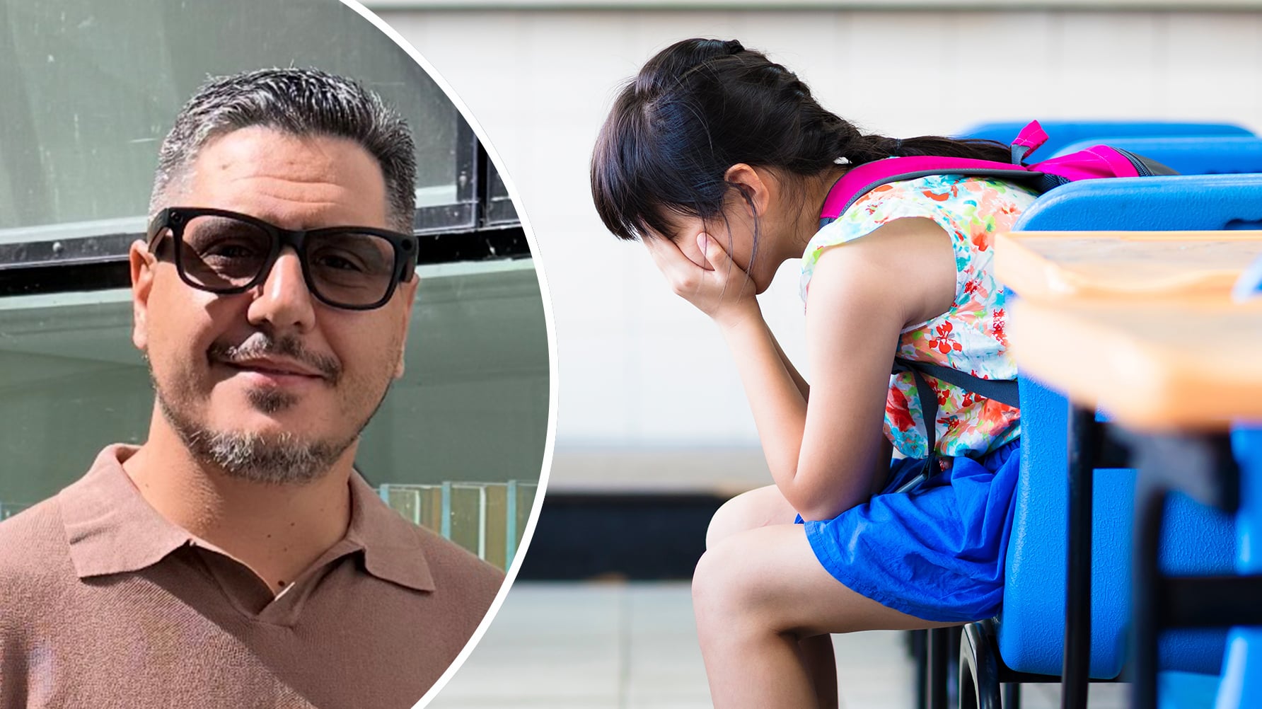 Till vänster ett porträtt av Bayram Sakir i rund ram, till höger en genrebild av en flicka i ett tomt klassrum, händerna i ansiktet