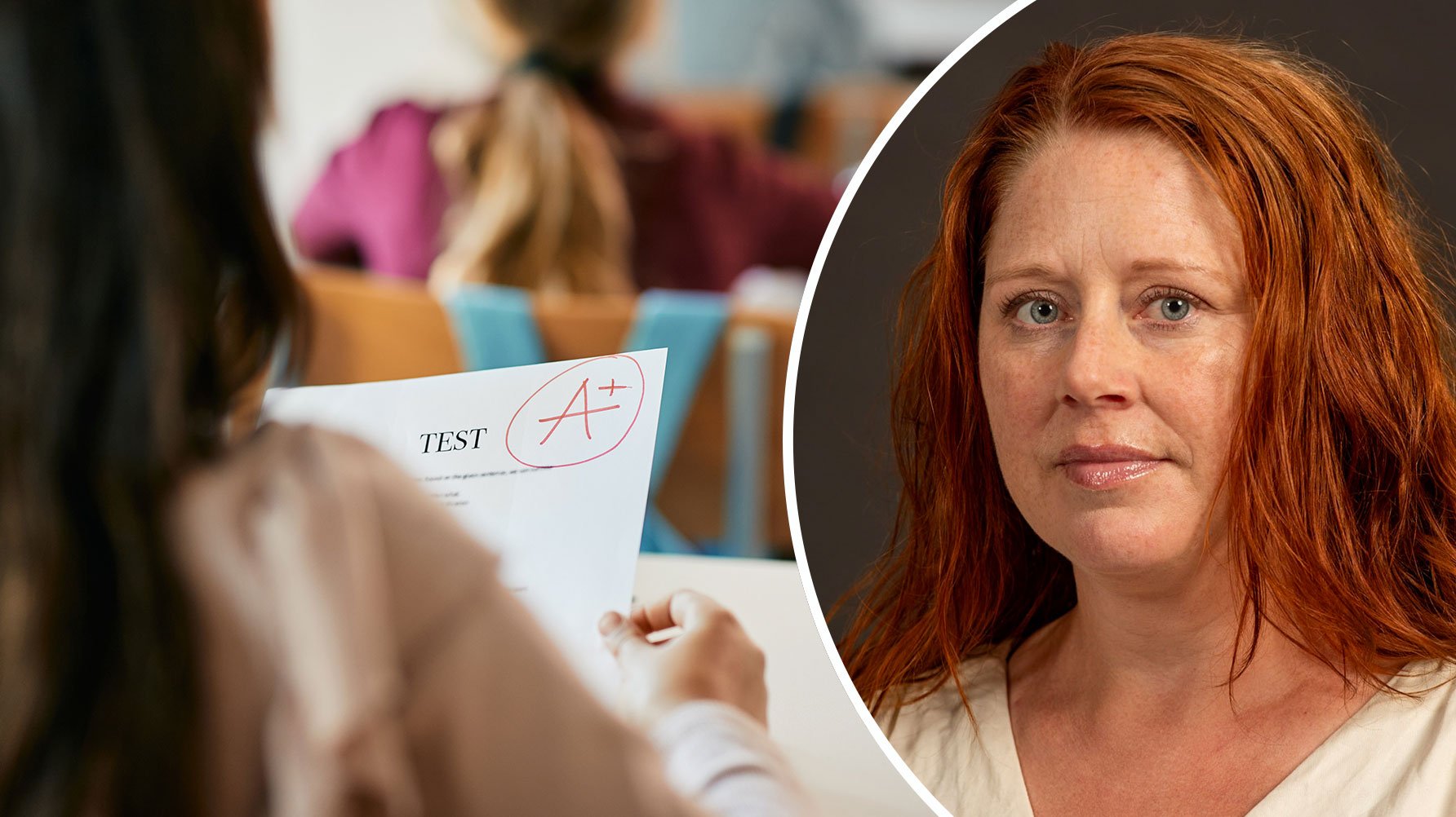 En genrebild av en hand som håller ett papper med betyget ”A" skrivet och ett runt porträtt av Anna Insulander