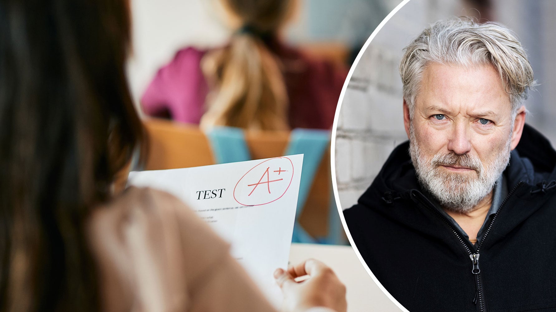En genrebild av en elev som håller i ett dokument med ”A” skrivet i rött och till höger en rund infälld ram med ett porträtt av Johan Kant