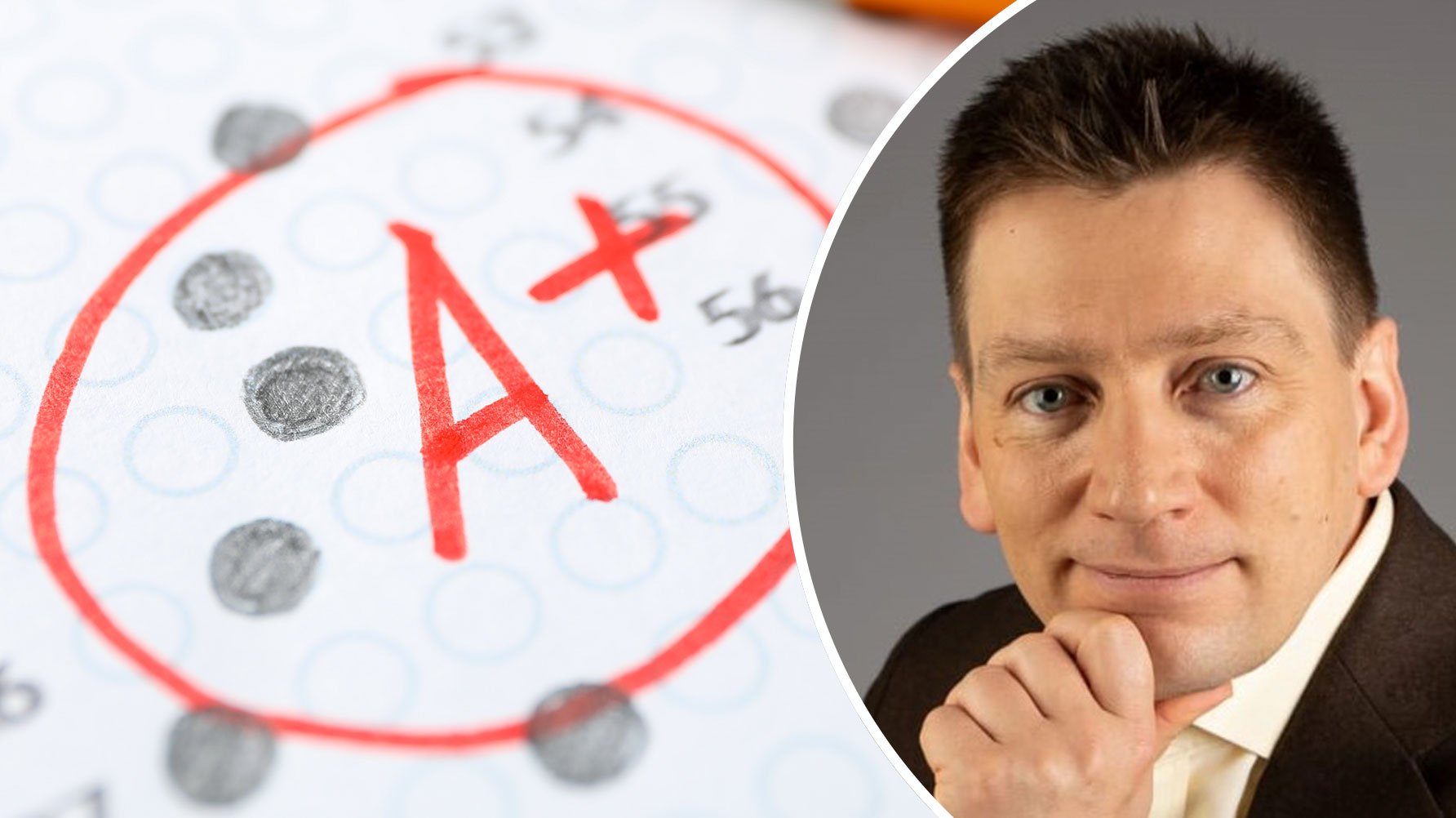 En genrebild av ett flervalsprov med betyget A plus skrivet med r&#xF6;dpenna, och en bild av Rickard &#xD6;hman inf&#xE4;lld i en halvcirkel till h&#xF6;ger