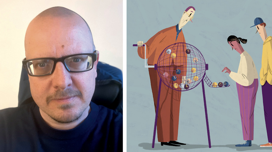 En porträttbild av läraren Tobias Magnusson bredvid en illustration av "Betygslotteriet”.