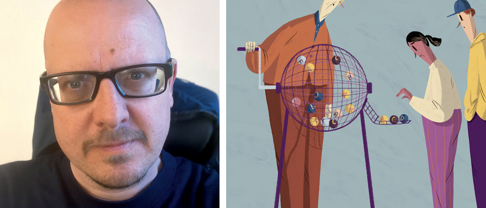 En porträttbild av läraren Tobias Magnusson bredvid en illustration av "Betygslotteriet”.