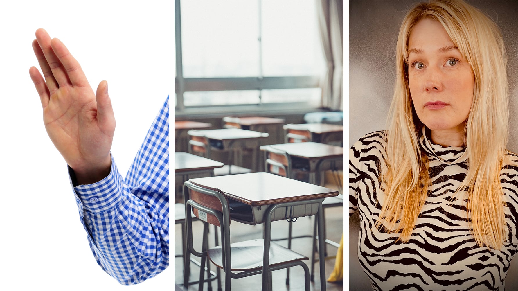 En tredelad bild: till vänster en genrebild av en hand som hålls upp i ett stopptecken, i mitten en genrebild av ett tomt klassrum, till höger ett porträtt av Ulrica Björkblom Agah