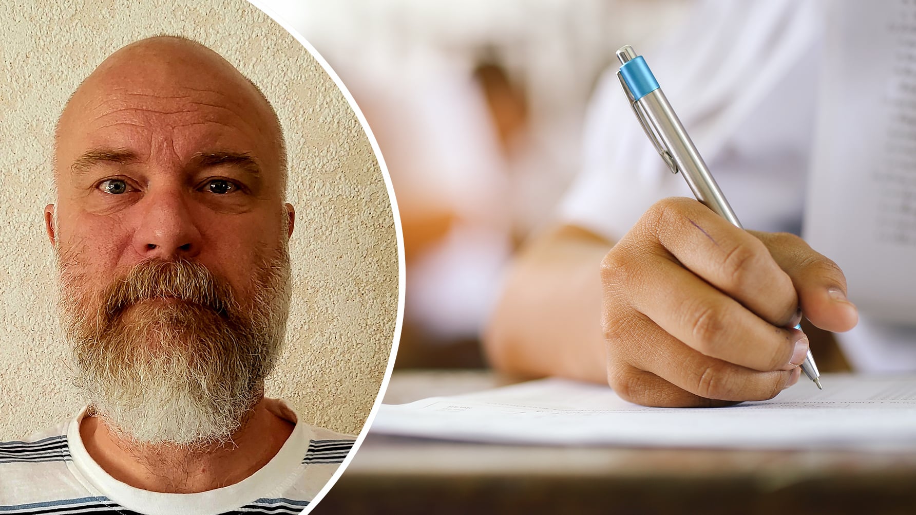 Till vänster ett porträtt av Björn Dahlman i rund ram, till höger en genrebild av en elev som skriver för hand i ett klassrum 
