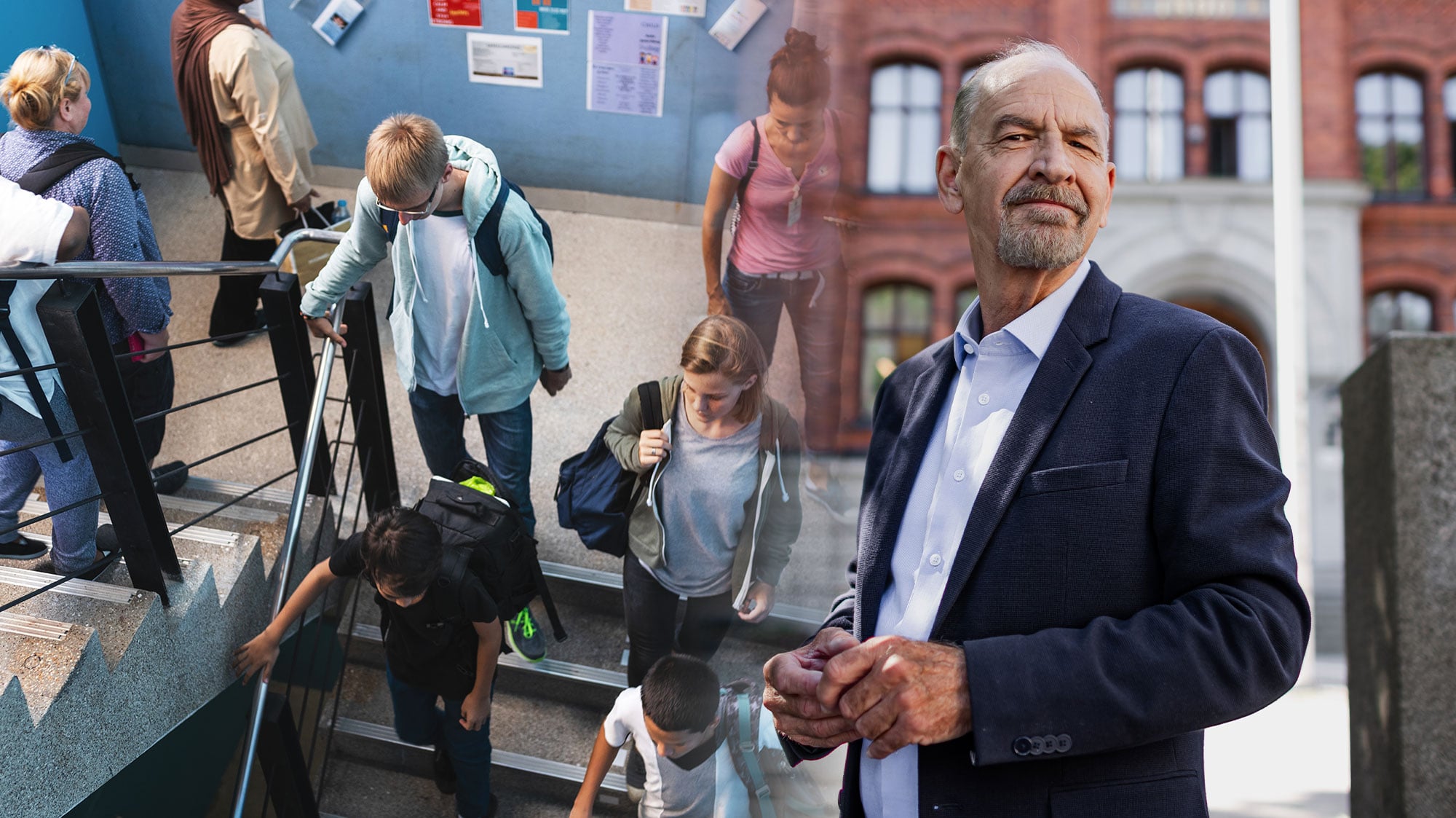 Ett porträtt av Bo Jansson framför en skolbyggnad i tegel till höger, till vänster elever i en trapphall på en skola.