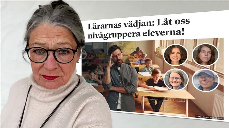 Ett foto av Britten Ekstrand och en faksimil av Ämneslärarens artikel om att lärare vill ha nivågruppering